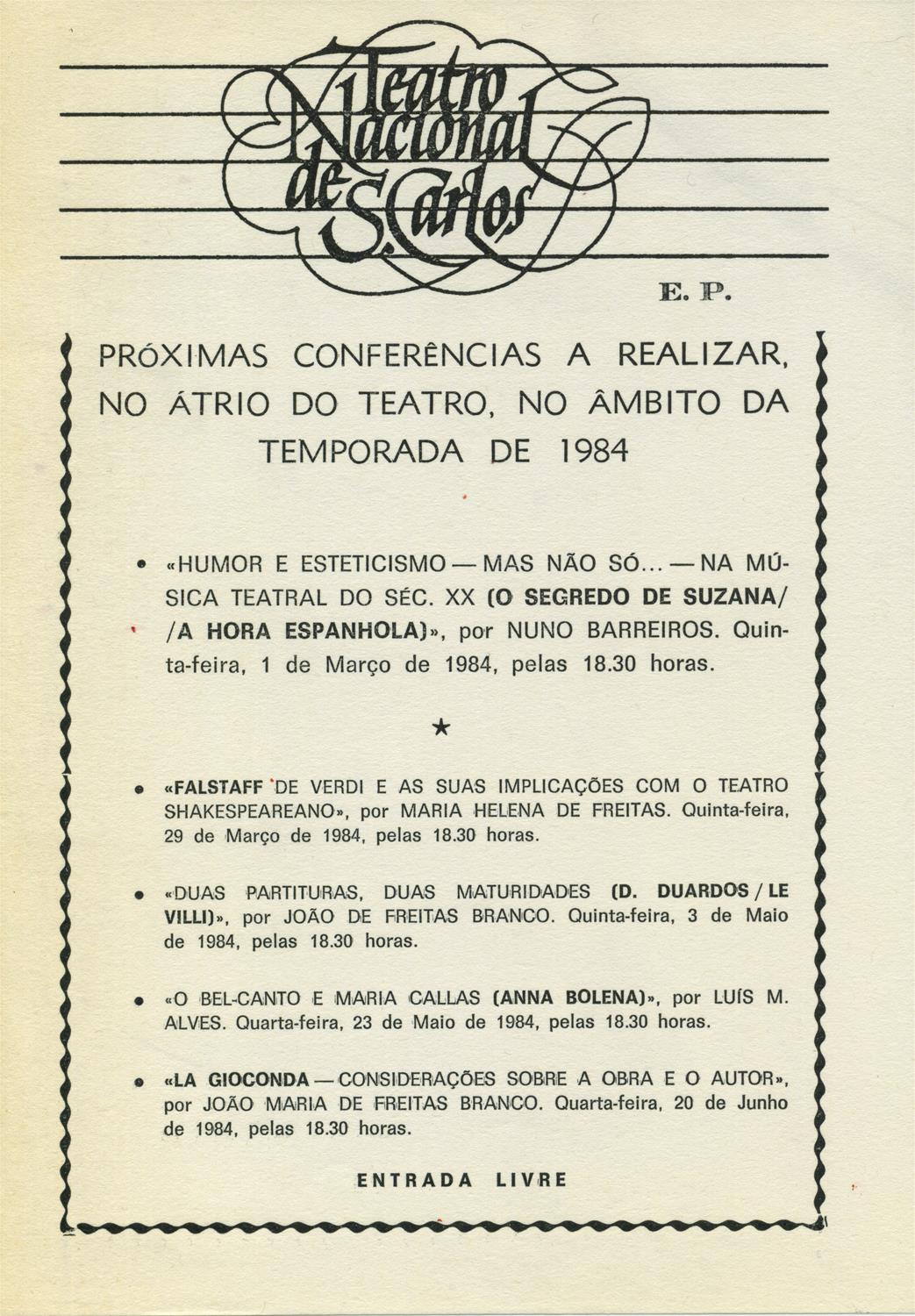 <span><p>Programa “Elixir de Amor”, 1984. Inclui programa de confer�ncias e bilhetes para a noite de 14/2/1984.</p></span>
