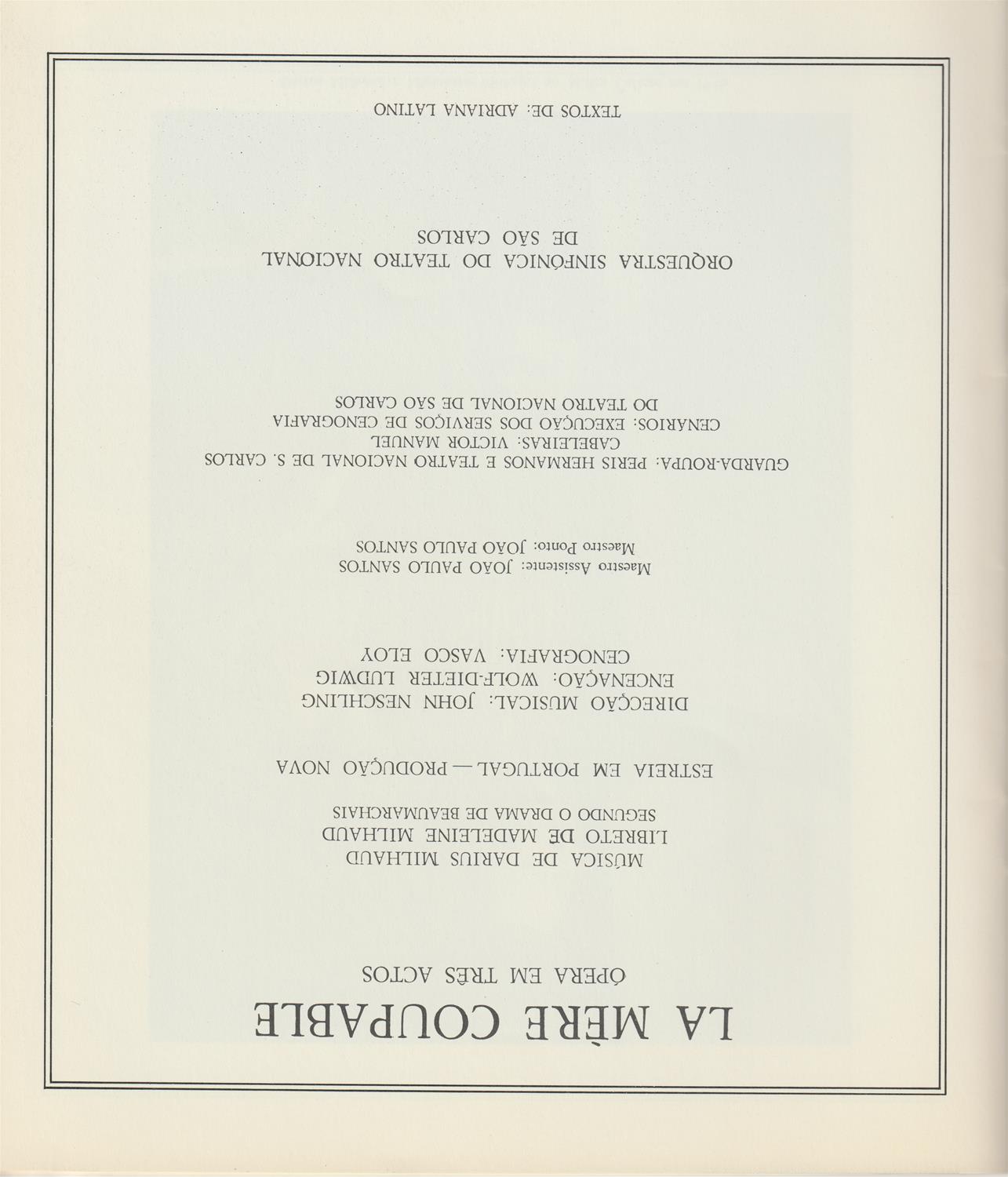 <span><p>Programa da �pera "La M�re Coupable", de Darius Milhaud. Digitaliza��o da capa e da ficha t�cnica do espect�culo.</p></span>