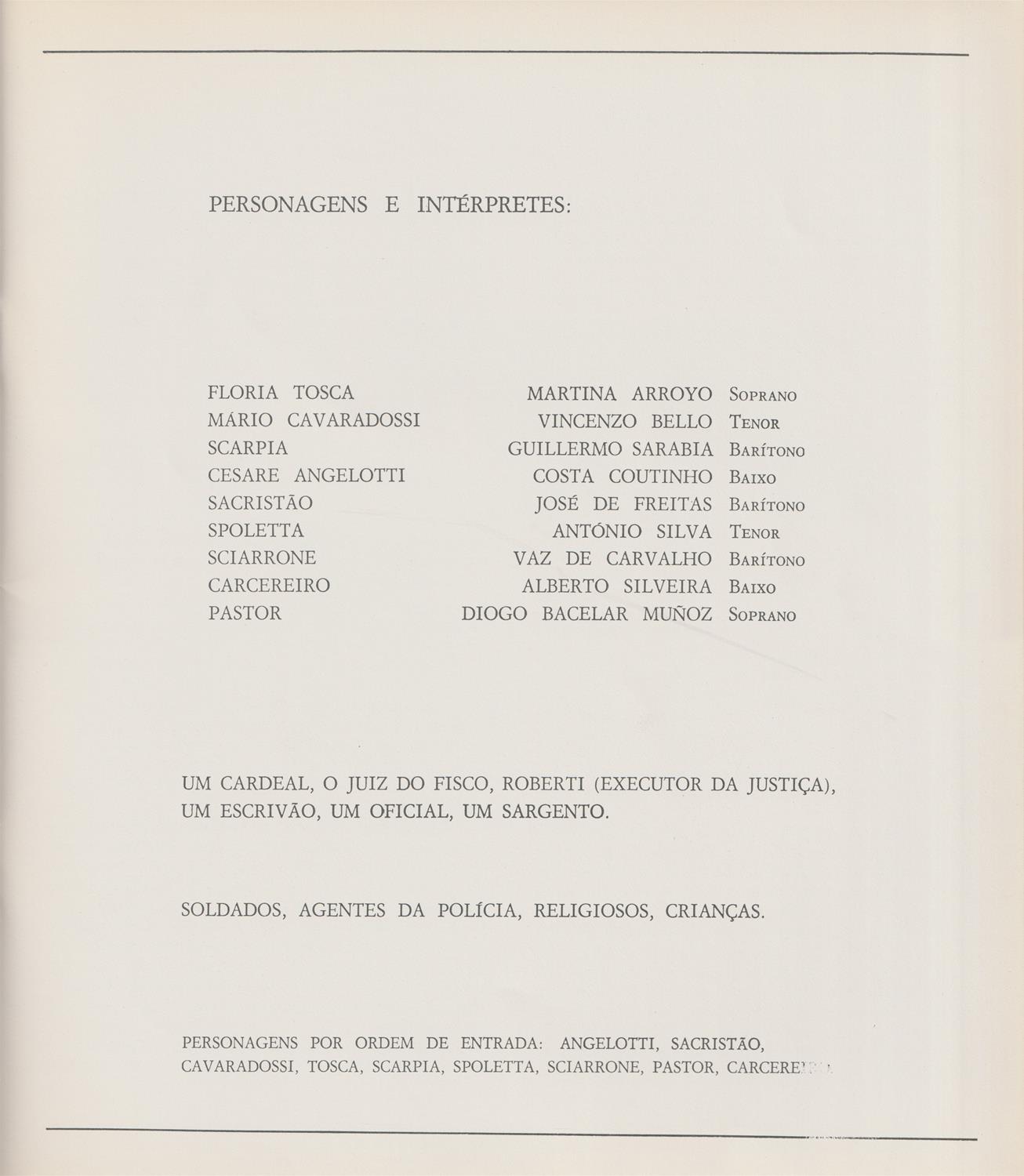 <span><p>Programa da �pera "Tosca", de Giacomo Puccini. Digitaliza��o da capa, da ficha t�cnica do espect�culo e de um folheto contendo as pr�ximas actividades da temporada 1984/1985 (3 p�ginas).</p></span>