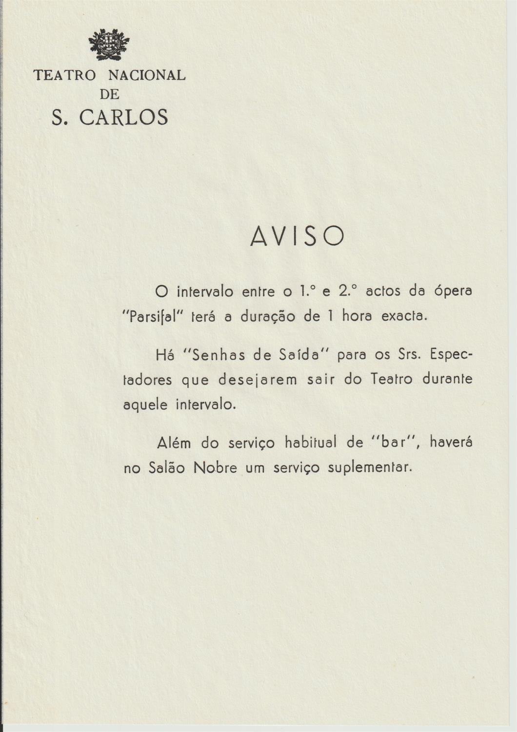 <span><p>Programa impresso em papel e vendido ao p�blico no espect�culo de �pera “Parsifal” do ano de 1956. Cont�m adenda com informa��o sobre a dura��o do intervalo.</p></span>