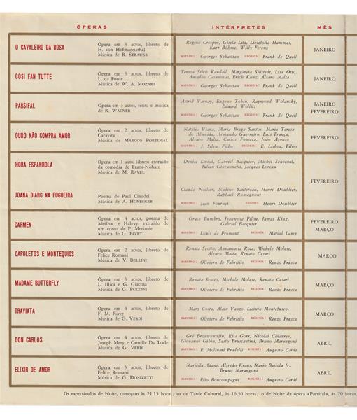 <span><p>Desdobr�vel da temporada de �pera e Bailado do TNSC (1964) ,com oito p�ginas (frente e verso). Fotografia da tribuna presidencial na capa. Refer�ncias a repert�rios, elencos e hor�rios das r�citas (espect�culos de Noite, �s 21h15, tardes culturais �s 16h30).</p></span>