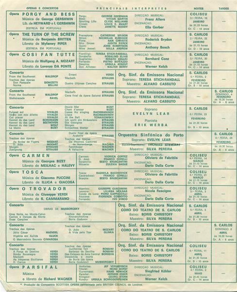 <span><p>Programa de temporada �pera e concerto no TNSC e Coliseu dos Recreios entre Janeiro e Maio de 1973, onde consta informa��o de pre�os para ambos os locais, assim como indument�ria apropriada.</p><p><span>Credits: Altura: 27 cm
Largura: 12 cm</span></p></span>
