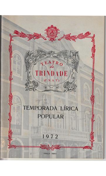 <span><p>Programa da temporada l�rica do Teatro da trindade (FNAT) de 1972, impresso em papel e vendido ao p�blico na 10� temporada de �pera (1963-1964) no Teatro da Trindade. Apenas foram digitalizadas a capa e p�gina com ficha art�stica, mapas de representa��es e assist�ncia aos espect�culos da companhia portuguesa de �pera. Pre�o do programa inscrito na capa ? 6 escudos e 50 c�ntimos.</p></span>