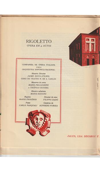 <span><p>Programa impresso em papel e vendido ao p�blico no espect�culo Rigoletto da temporada de 1950 no TNSC. Inclui duas adendas com informa��o sobre r�cita extraordin�ria “O Matrim�nio Secreto” e “Pr�ximos espect�culos”. Apenas foram digitalizadas a capa, p�gina com ficha art�stica e adendas.</p></span>