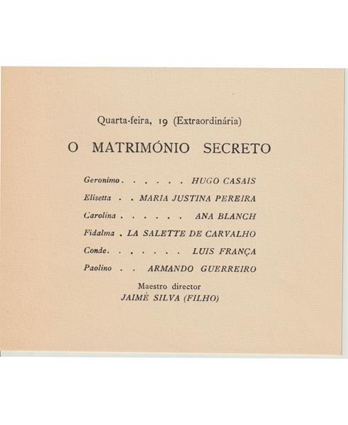 <span><p>Programa impresso em papel e vendido ao p�blico no espect�culo Rigoletto da temporada de 1950 no TNSC. Inclui duas adendas com informa��o sobre r�cita extraordin�ria “O Matrim�nio Secreto” e “Pr�ximos espect�culos”. Apenas foram digitalizadas a capa, p�gina com ficha art�stica e adendas.</p></span>