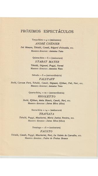 <span><p>Programa impresso em papel e vendido ao p�blico no espect�culo Rigoletto da temporada de 1950 no TNSC. Inclui duas adendas com informa��o sobre r�cita extraordin�ria “O Matrim�nio Secreto” e “Pr�ximos espect�culos”. Apenas foram digitalizadas a capa, p�gina com ficha art�stica e adendas.</p></span>