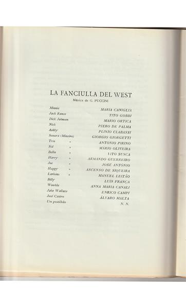 <span><p>Programa impresso em papel e vendido ao p�blico no espect�culo "La Fanciulla del West" da temporada de 1955 no TNSC. Inclui adenda com informa��o sobre exposi��o patente no Sal�o Nobre e p�gina com bilhete agrafado. Apenas foram digitalizadas a capa, p�gina com ficha art�stica, adenda e p�gina com bilhete agrafado.</p></span>