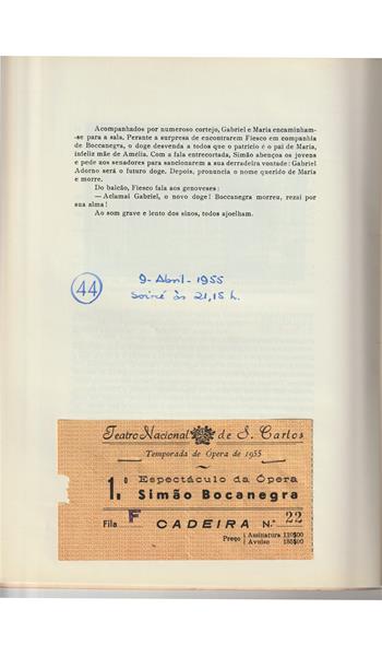 <span><p>Programa impresso em papel e vendido ao p�blico no espect�culo "Sim�o Boccanegra" da temporada de 1955 no TNSC. Inclui p�gina com bilhete agrafado. Apenas foram digitalizadas a capa, p�gina com ficha art�stica e p�gina com bilhete agrafado.</p></span>