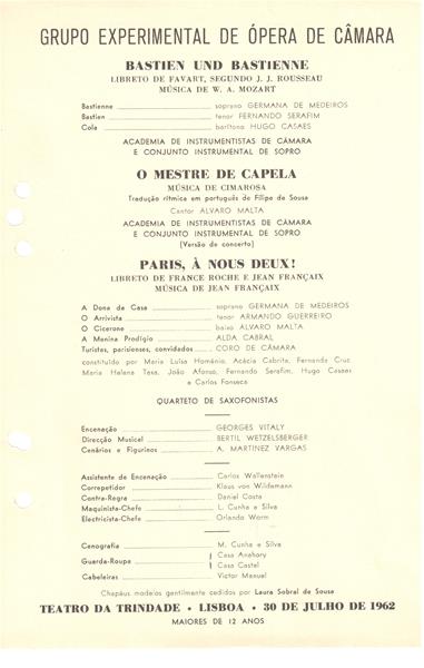 <span><p>Libreto e programa referente �s pe�as "Bastien und Bastienne", de Mozart, "O Mestre de Capela", de Cimarosa, e Paris, "� nous deux!, de Jean Fran�ais, apresentados pelo Grupo Experimental de �pera de C�mara, no Teatro da Trindade.</p></span>