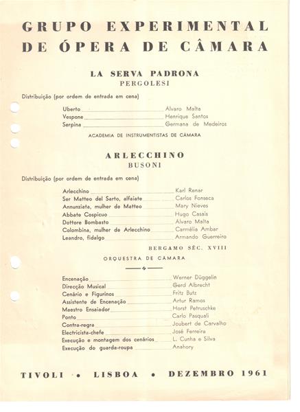 <span><p>Libreto da representa��o das pe�as das pe�as "La Serva Padrona", de Pergolesi, e de "Arlechino", de Busoni, pelo Grupo Experimental da �pera de C�mara, no Tivoli, em Dezembro de 1961.</p><p><span>Cr�ditos: Alltura: 24 cm
Largura: 17 cm</span></p></span>