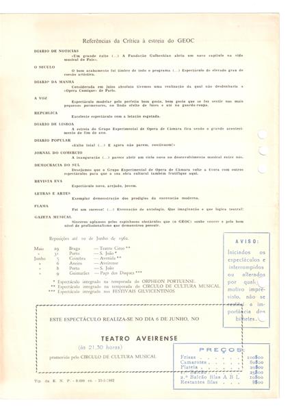 <span><p>Libreto da representa��o das pe�as "La Serva Padrona", de Pergolesi, e "Arlecchino", de Busoni, pelo Grupo Experimental de �pera de C�mara no Teatro Aveirense, a 6 junho de 1962.</p><p><span>Cr�ditos: Altura: 24 cm
Largura: 17 cm</span></p></span>