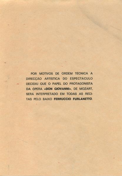 <span><p>Programa Temporada Janeiro a Julho 1984 de Don Giovanni, de Wolfgang Amadeus Mozart a 15, 17, 19, 21, 23 e 25 de Janeiro.</p></span>