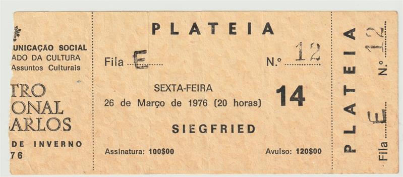 <span><p>Programas de sala da grande produ��o “Der Ring des Nibelungen ? Siegfried / O anel do Nibelungo ? Siegfried”, que corresponde � segunda parte. Inclui bilhete para a r�cita de 26 de mar�o de 1976 no TNSC (fila E, n.�12) ? 20h.</p></span>