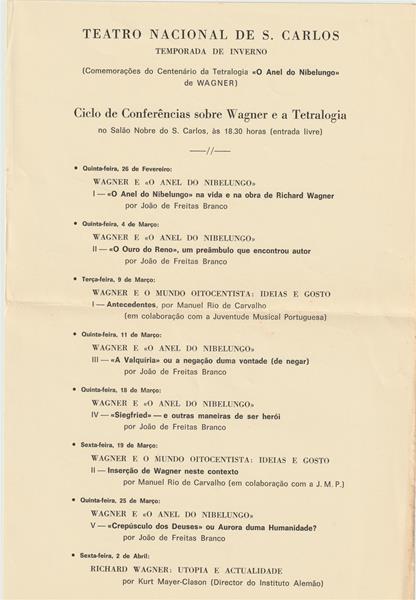 <span><p>Programas de sala da grande produ��o “Der Ring des Nibelungen ? Das Rheingold / O anel do Nibelungo ? O ouro do Reno”, que corresponde ao pr�logo. Inclui um bilhete da r�cita de 7 de mar�o de 1976 no TNSC para plateia (fila C, n.�10) ? 16h (matin� de domingo) e duas folhas de papel impresso a preto e branco alusivas ao Ciclo de Confer�ncias sobre Wagner e a Tetralogia de 26 de fevereiro a 2 de abril no TNSC.</p></span>