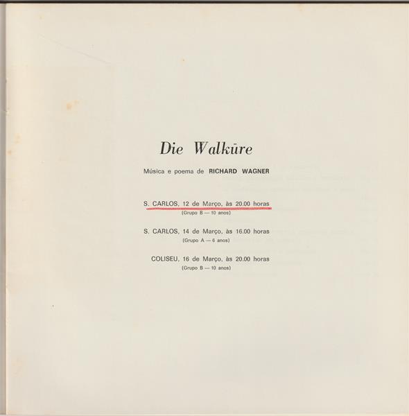 <span><p>Programas de sala da grande produ��o “Der Ring des Nibelungen ? Die Walk�re / O anel do Nibelungo ? A Valqu�ria ”, que corresponde � primeira parte. Inclui um bilhete da r�cita de 12 de mar�o de 1976 no TNSC para plateia (fila E, n.�12) ? 20h e um bilhete da r�cita de 8 de abril de 1976? s.l para plateia (fila L, n.�19) ? 20h.</p></span>
