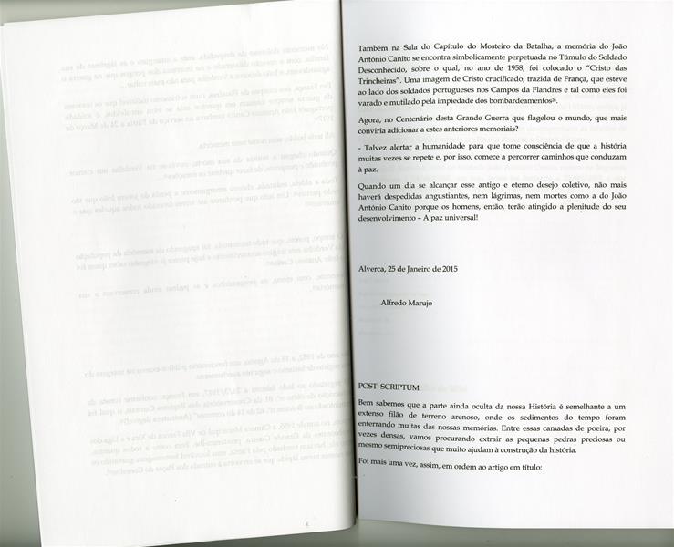 <span><p>Artigo sobre soldado na Grande Guerra, da familiar de Alfredo Marujo. Investiga��o realizada em Dezembro de 2014 que incidiu sobretudo em registos paroquiais na Torre do Tombo e Arquivos Municipais de VFX. A investiga��o integrou a exposi��o. Integra informa��o adicional no fim do documento.</p></span>