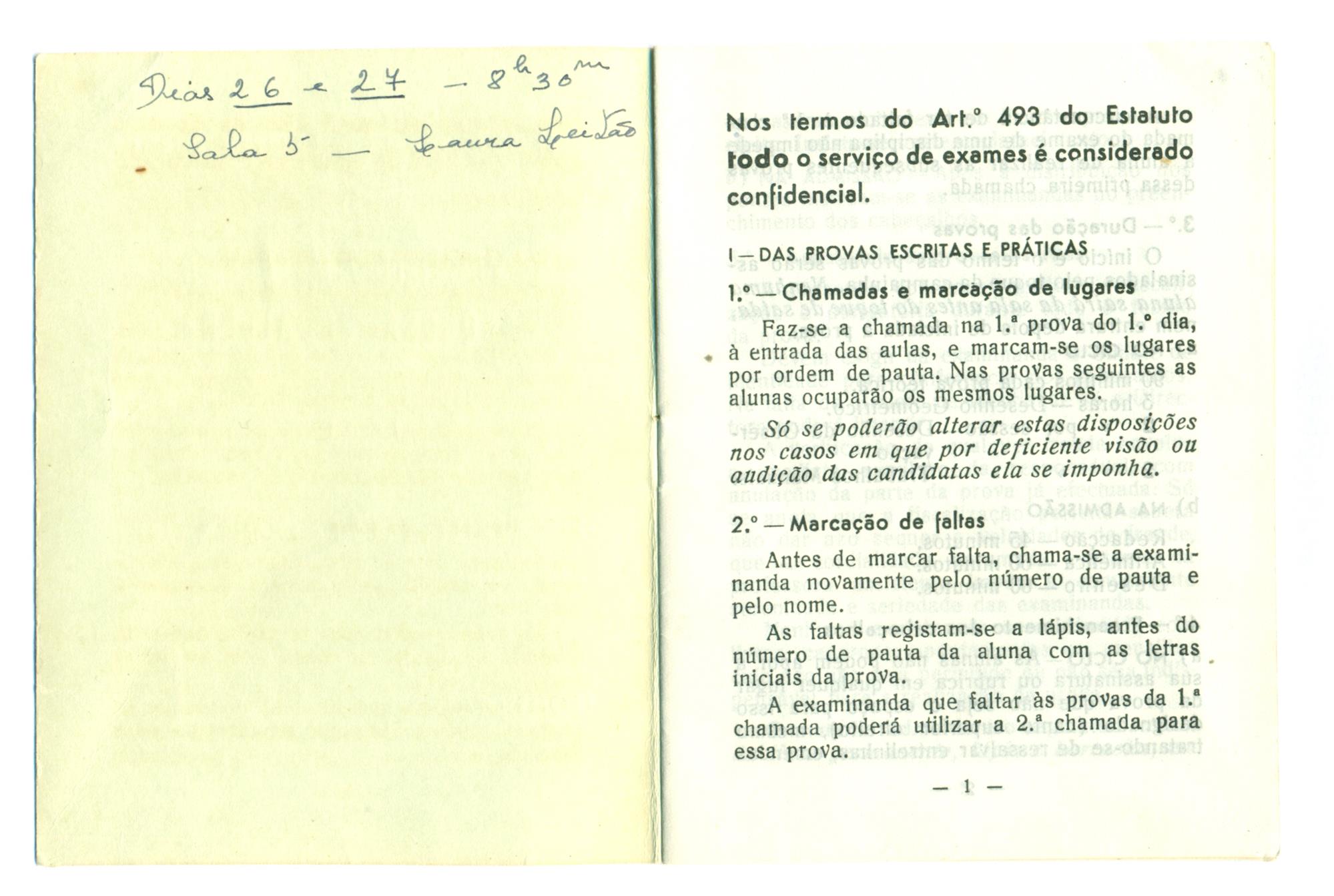 <span><p>Livro de instru��es de exame assinado pela professora D�lia Prado Coelho, da Escola T�cnica Elementar Marquesa de Alorna datado de 1961. Os exames foram marcados para os dias 26 e 27 de junho, 2, 16 e 17 de julho, todos na sala 5. S. & M. Lda.</p><p><span>Cr�ditos: Altura: 13,5cm 
Largura: 10,5cm (fechado) 20,5cm (aberto)</span></p></span>