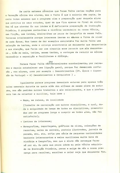 <span><p>Relat�rio dactilografado de uma reuni�o escolar entre professoras de Hist�ria e Geografia da sec��o de Alvalade da Escola Preparat�ria Marquesa de Alorna, datado de 6/05/1969. Esta reuni�o teve como objectivo analisar o programa curricular de Hist�ria e Geografia de Portugal subjacentes ao 1.� ano (actual 5.�) da Escola. �, tamb�m, analisado um livro intitulado Hist�ria e Geografia de Portugal da autoria e Gustavo de Freitas, editado pela Porto Editora s.d..</p></span>