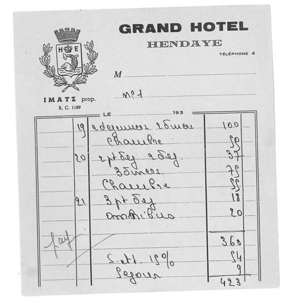 <span><p>Recibo da estadia da fam�lia Rozenfeld no Grand Hotel em Hendaye, Fran�a cerca de 1939/1940.</p></span>