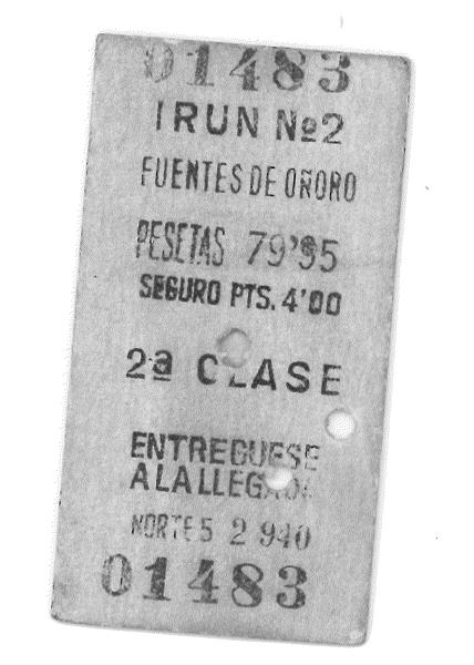 <span><p>Bilhete de comboio de segunda classe de Fuentes de O�oro datado de 21 de Junho 1940.</p></span>