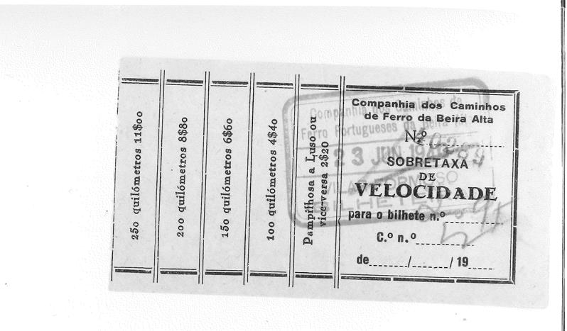<span><p>Bilhete de comboio de Vilar Formoso de 23 de Junho de 1940 na companhia dos caminhos de ferro da Beira Alta.</p></span>