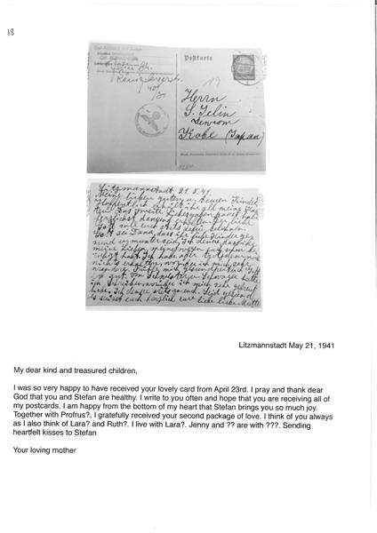 <span><p>Postal enviado a 21 de Maio de 1941 por Chaya (bisav� de Leah Rozenfeld) de Litzmannstadt para Sam e Ruth Jelin (filho e nora de Chaya) que se encontravam no Jap�o. Em baixo, tradu��o do mesmo postal para ingl�s.</p></span>