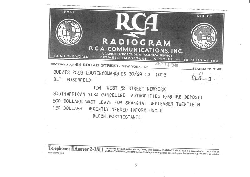 <span><p>Um telegrama em ingl�s enviado para Abraham Rozenfeld no dia 14 de Setembro de 1940, explicando que o visto para a �frica do Sul lhe fora negado. Outro telegrama em alem�o enviado possivelmente para Sam Jelin (tio-av� de Leah Rozenfeld) no dia 03 de Abril de 1941, relatando algo relacionado com um visto para o Jap�o.</p></span>