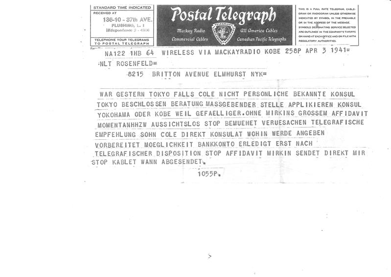 <span><p>Um telegrama em ingl�s enviado para Abraham Rozenfeld no dia 14 de Setembro de 1940, explicando que o visto para a �frica do Sul lhe fora negado. Outro telegrama em alem�o enviado possivelmente para Sam Jelin (tio-av� de Leah Rozenfeld) no dia 03 de Abril de 1941, relatando algo relacionado com um visto para o Jap�o.</p></span>