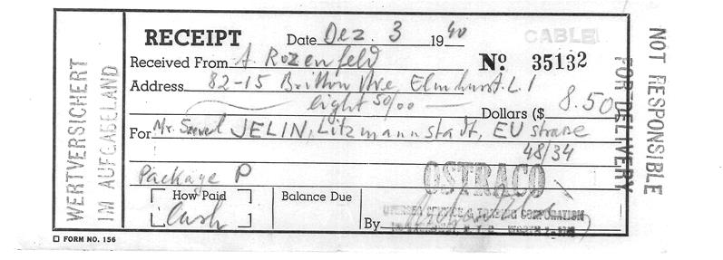 <span><p>Dois recibos enviados via telegrama comprovando o envio de dinheiro de Abraham Rozenfeld para Chaya Jelin no dia 17de Setembro de 1941e para Saul Jelin no dia 03 de Dezembro de 1940.</p></span>