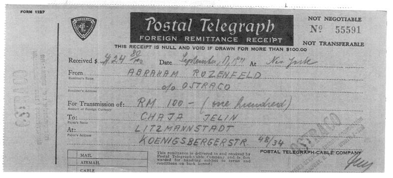 <span><p>Dois recibos enviados via telegrama comprovando o envio de dinheiro de Abraham Rozenfeld para Chaya Jelin no dia 17de Setembro de 1941e para Saul Jelin no dia 03 de Dezembro de 1940.</p></span>