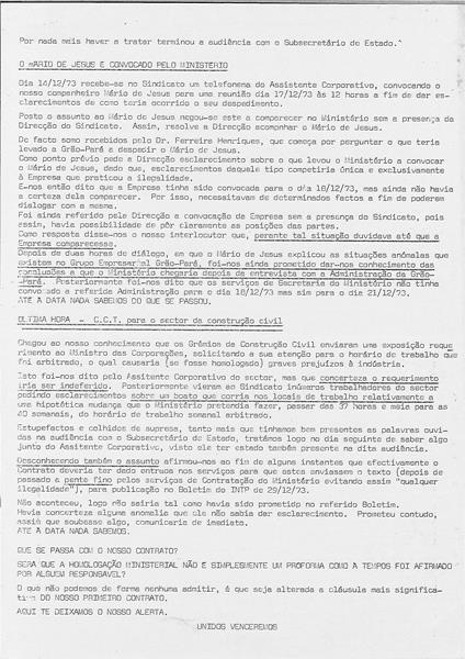 <span><p>Folheto informativo produzido no contexto da luta por sindicatos livre e contra os despedimentos de dirigentes sindicais, a 12 de Dezembro de 1973.</p></span>