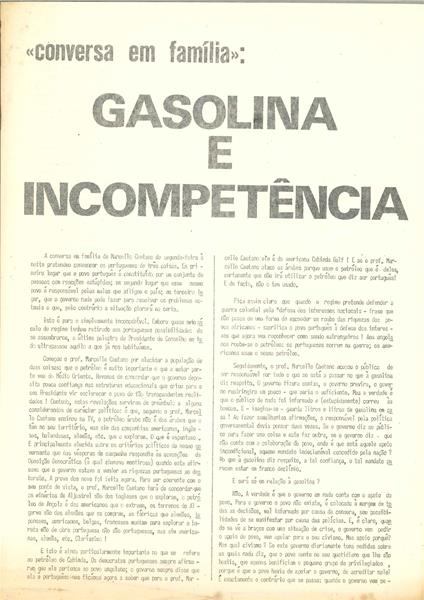 <span><p>Panfleto informativo produzido no per�odo das elei��es de 1973, com den�ncia da CDE �s Conversas em Fam�lia de Marcelo Caetano sobre o aumento do pre�o da gasolina no contexto da Crise do Petr�leo.</p></span>