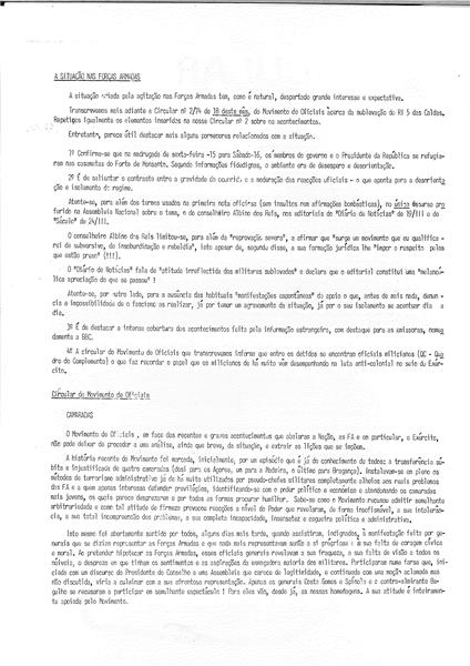 <span><p>Folheto informativo interno da CDE para dar instru��es aos militantes, n�o sendo de distribui��o p�blica. Menciona o MFA e as perspectivas para o 25 de Abril. Apresenta uma circular do Movimento dos Oficiais.</p></span>