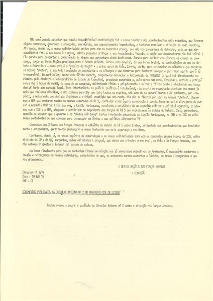 <span><p>Folheto informativo interno da CDE para dar instru��es aos militantes, n�o sendo de distribui��o p�blica. Menciona o MFA e as perspectivas para o 25 de Abril. Apresenta uma circular do Movimento dos Oficiais.</p></span>