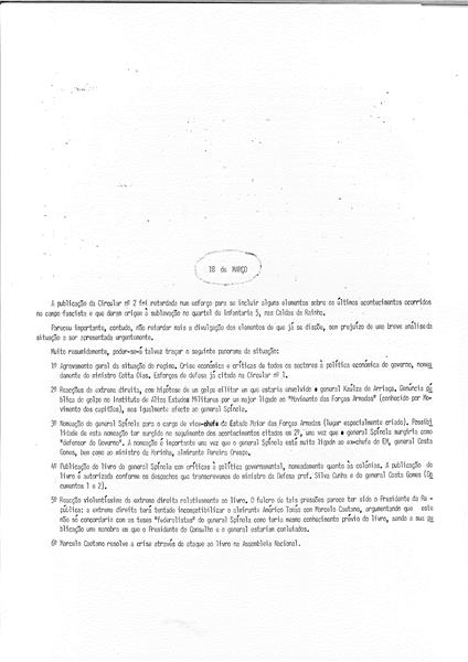 <span><p>Folheto informativo interno da CDE para dar instru��es aos militantes, n�o sendo de distribui��o p�blica. Menciona o MFA e as perspectivas para o 25 de Abril. Apresenta uma circular do Movimento dos Oficiais.</p></span>