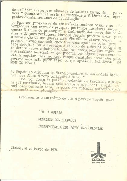 <span><p>Comunicado de distribui��o p�blica onde M. Caetano pede aos deputados apoio � sua pol�tica de guerra. O povo responde N�O.</p></span>