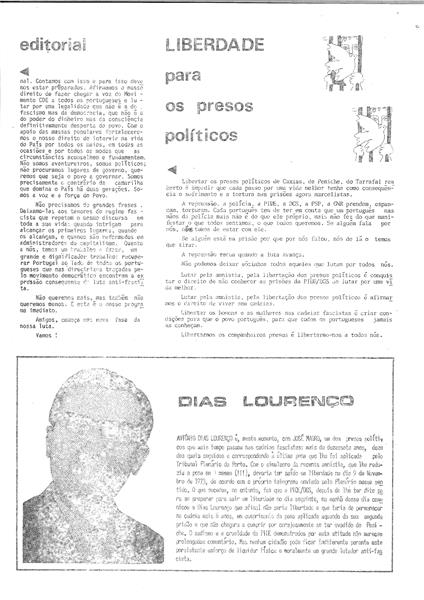 <span><p>For�a do Povo, 1 de dezembro de 1973.
Comunicado de distribui��o p�blica pela liberdade dos presos pol�ticos, em concreto de Ant�nio Dias Louren�o e Jos� Magro, como os presos pol�ticos com mais tempo de pris�o.</p></span>