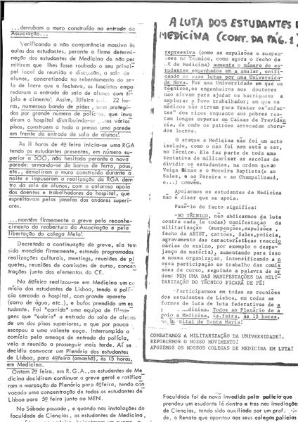 <span><p>Suplemento Informativo de 12 de Fevereiro de 1974.
Boletim da Associa��o de Estudantes do IST sobre a luta estudantil, nomeadamente de Medicina, e sobre as lutas populares da Marinha Grande, da Lisnave e de outras Associa��es de Estudantes.</p></span>