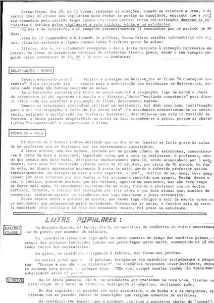<span><p>Suplemento Informativo de 12 de Fevereiro de 1974.
Boletim da Associa��o de Estudantes do IST sobre a luta estudantil, nomeadamente de Medicina, e sobre as lutas populares da Marinha Grande, da Lisnave e de outras Associa��es de Estudantes.</p></span>