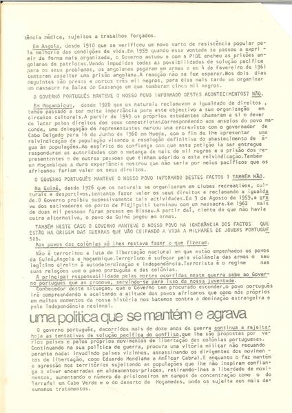 <span><p>Folheto de 8 de Abril de 1973, de distribui��o p�blica pelo fim da Guerra Colonial, com a distribui��o mais ampla poss�vel.</p></span>