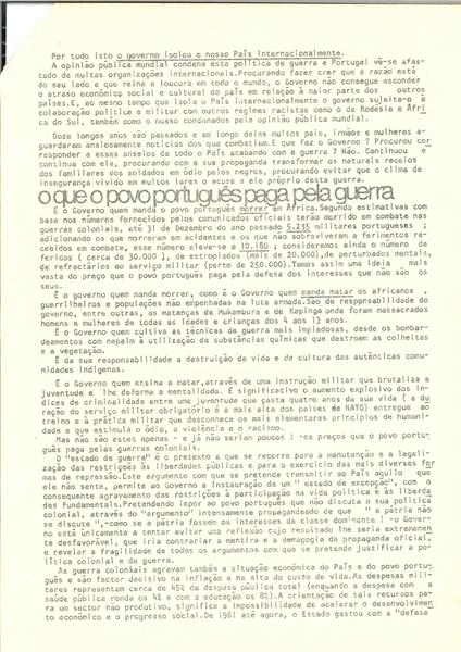 <span><p>Folheto de 8 de Abril de 1973, de distribui��o p�blica pelo fim da Guerra Colonial, com a distribui��o mais ampla poss�vel.</p></span>