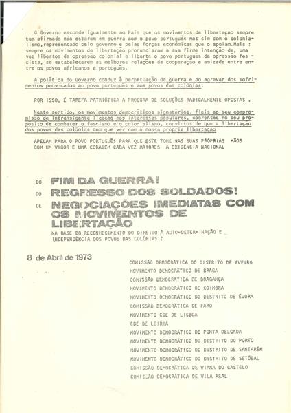 <span><p>Folheto de 8 de Abril de 1973, de distribui��o p�blica pelo fim da Guerra Colonial, com a distribui��o mais ampla poss�vel.</p></span>