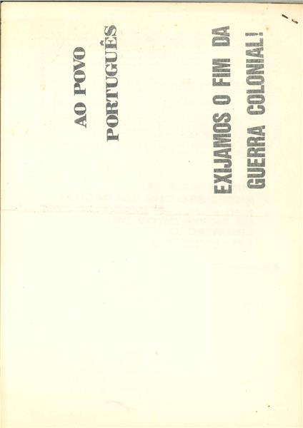 <span><p>Folheto de 8 de Abril de 1973, de distribui��o p�blica pelo fim da Guerra Colonial, com a distribui��o mais ampla poss�vel.</p></span>