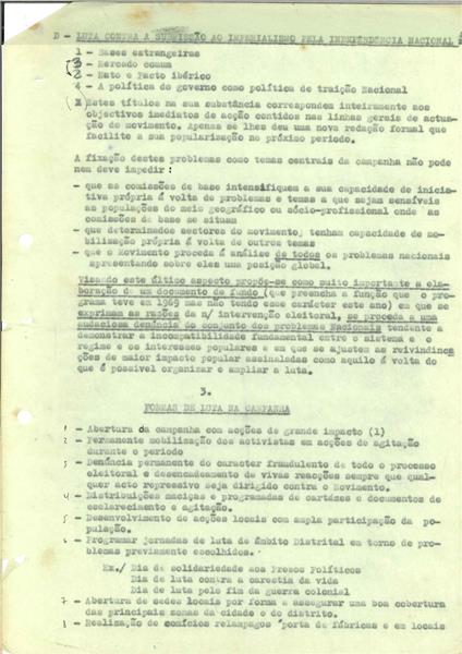 <span><p>Folheto de divulga��o interna com os objectivos principais a atingir com a interven��o no per�odo eleitoral. Documento para discuss�o do programa eleitoral da CDE de 1973.</p></span>
