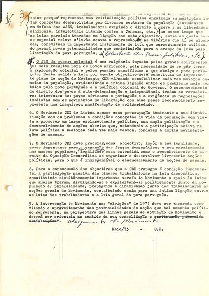 <span><p>Folheto de divulga��o interna de Maio de 1973  com projecto de documento para discuss�o das "Linhas Gerais de Actua��o do Movimento CDE de Lisboa", com altera��es feitas por Jos� Gouveia. Discutido em Moscavide com os militantes da CDE.</p></span>