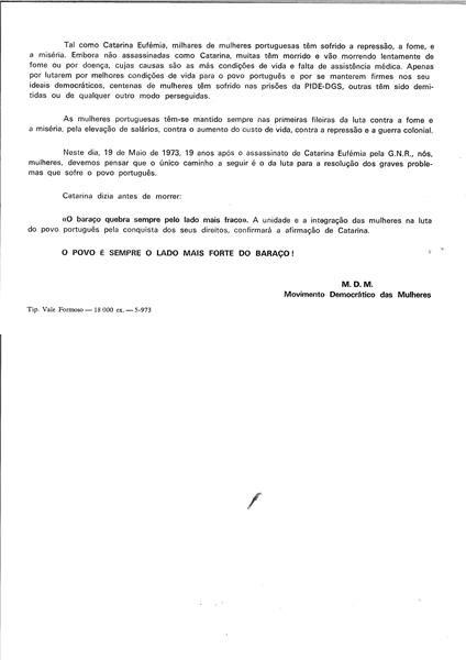 <span><p>Folheto de divulga��o p�blica de Maio de 1973  que explica quem foi Catarina Euf�mia e o contexto do seu assassinato, para assinalar a sua morte.</p></span>