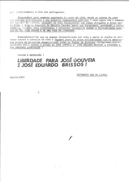 <span><p>Folheto de divulga��o p�blica de Agosto de 1973 com tarjeta da CDE de Moscavide pela liberta��o de Jos� Augusto Gouveia e Jos� Eduardo Brissos.</p></span>