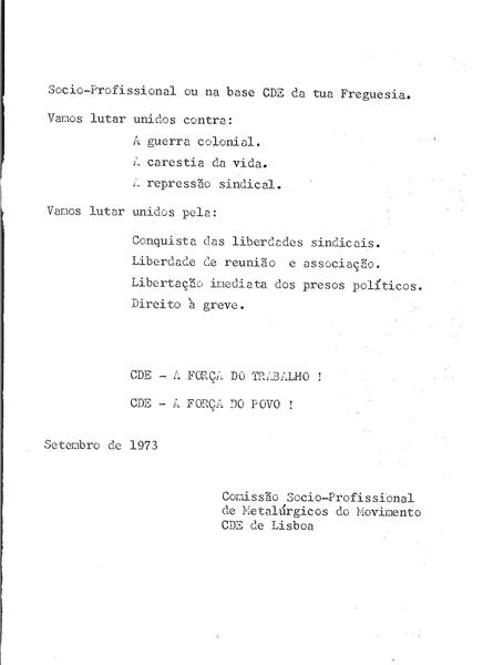 <span><p>Folheto de divulga��o p�blica de Setembro de 1973 com apelo ao voto na CDE, concretamente aos oper�rios metal�rgicos.</p></span>