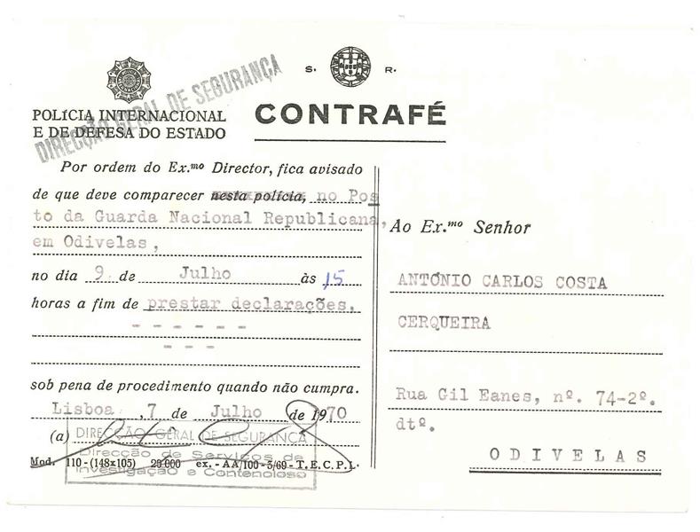 <span><p>Contraf� a Ant�nio Carlos Costa Cerqueira, de 7 de Julho de 1970.</p></span>