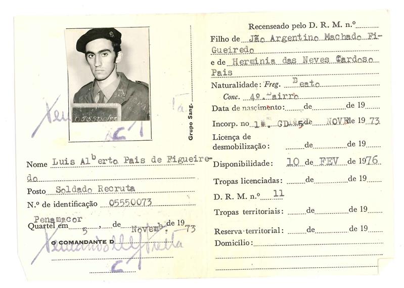 <span><p>Carta de Identifica��o Militar de Lu�s Alberto Pais Figueiredo.
Depois de sair da cadeia de Peniche em liberdade condicional foi transferido para Penamacor, em 5 de novembro de 1973.</p></span>